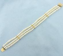 Triple Row Cultured Pearl And Gold Bead Bracelet In 14k Yellow Gold