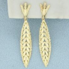 Diamond Cut Leaf Nature Design Dangle Earrings In 14k Yellow Gold