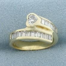 Heart And Baguette Diamond Bypass Ring In 14k Yellow Gold
