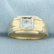 Mens Solitaire Quartz Ring In 10k Yellow Gold