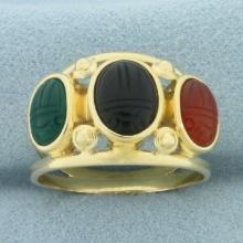 Scarab Three Stone Ring In 14k Yellow Gold