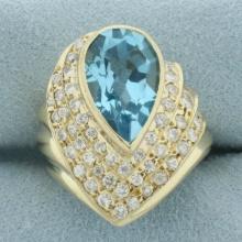 Swiss Blue Topaz And Diamond Statement Ring In 14k Yellow Gold