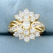 Vintage Oval And Round Diamond Cocktail Ring In 14k Yellow Gold