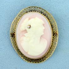 Vintage Diamond Hand Carved Shell Cameo Pin In 10k Yellow Gold