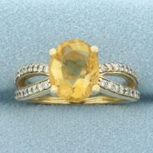 Citrine And Diamond Split Shank Ring In 14k Yellow Gold
