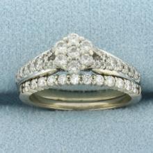 Diamond Flower Design Engagement And Wedding Ring Bridal Set In 10k White Gold