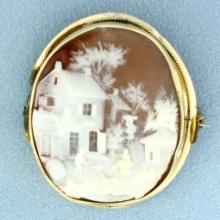 Vintage Family Farm Hand Carved Cameo Pin Brooch In 14k Yellow Gold