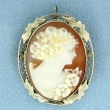 Vintage Carved Shell Cameo Pendant Or Brooch Pin In 14k White Gold