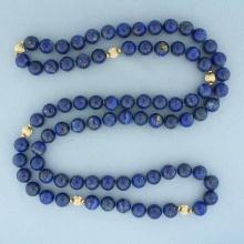 Lapis Lazuli And 14k Gold Bead Hand Knotted Strand Necklace