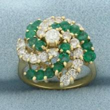 Emerald And Diamond Swirl Design Ring In 14k Yellow Gold