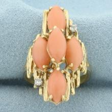 Vintage Angel Skin Coral And Diamond Ring In 14k Yellow Gold