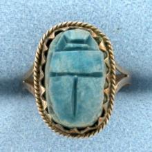 Vintage Hand Carved Blue Scarab Ring In 10k Rose Gold