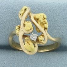 Diamond Abstract Design Nugget Ring In 14k Yellow Gold Mounting With 24k Gold Nuggets