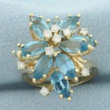 Blue Topaz And Diamond Statement Ring In 14k Yellow Gold