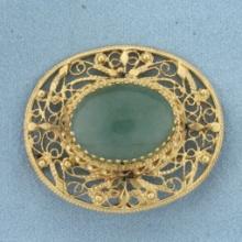 Vintage Designer Jade Filigree Pendant Or Pin In 14k Yellow Gold
