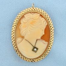 Large Vintage Hand Carved Shell Diamond Cameo Pendant Or Pin In 14k Yellow Gold