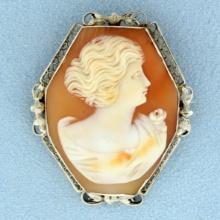 Antique Hand Carved Shell Cameo Pendant Or Pin In 14k White Gold