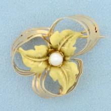 Vintage Hand Crafted Pearl Leaf Pin Brooch In 18k Yellow And Rose Gold