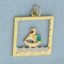 Emerald Sailing Boat Pendant In 14k Yellow Gold