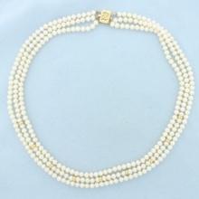 Triple Strand Pearl And Gold Bead Necklace In 14k Yellow Gold