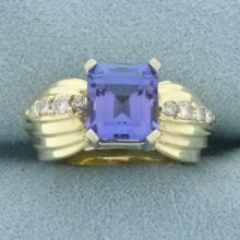 Designer Tanzanite And Diamond Ring In 14k Yellow Gold