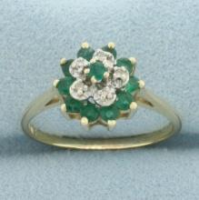 Emerald And Diamond Flower Ring In 10k Yellow Gold