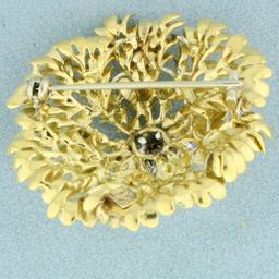 Designer Ruby, Sapphire And Diamond Flower Pin In 18k Yellow Gold