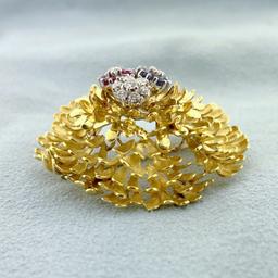 Designer Ruby, Sapphire And Diamond Flower Pin In 18k Yellow Gold