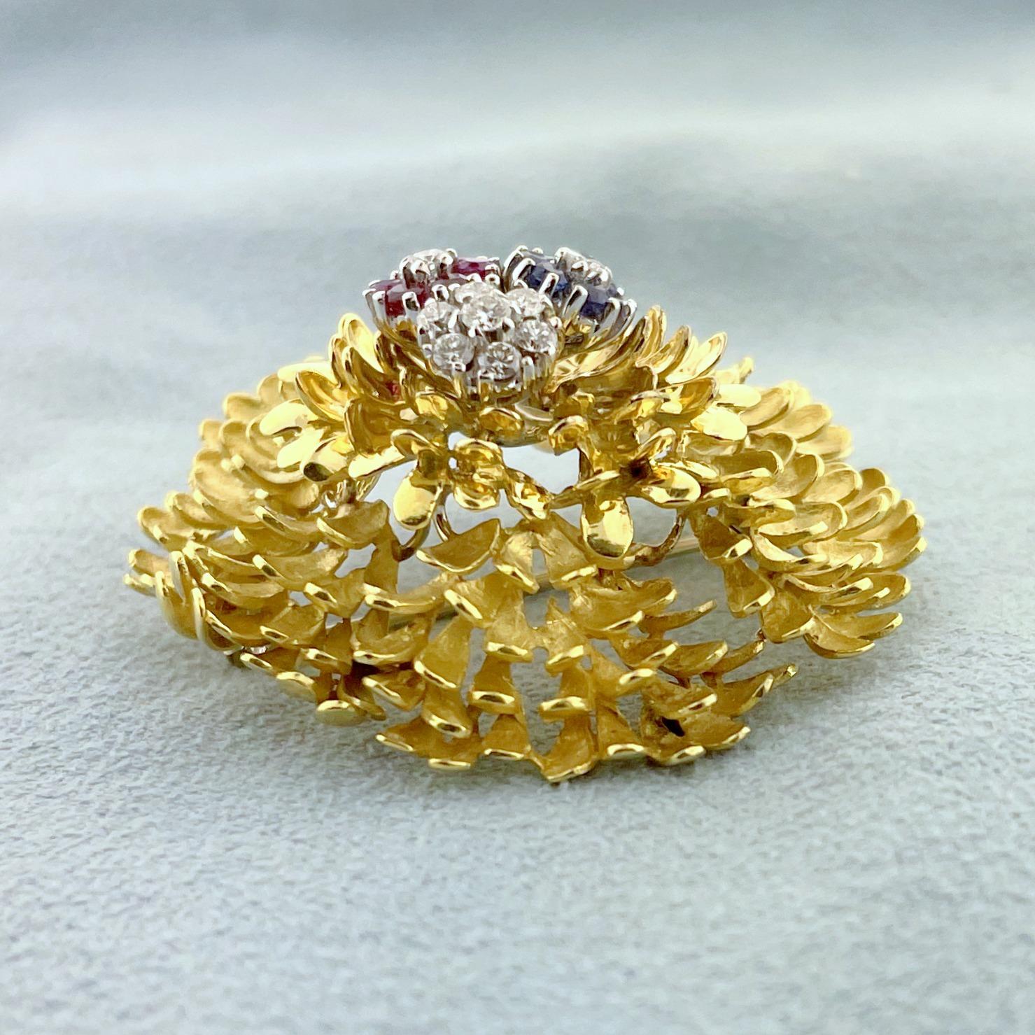 Designer Ruby, Sapphire And Diamond Flower Pin In 18k Yellow Gold