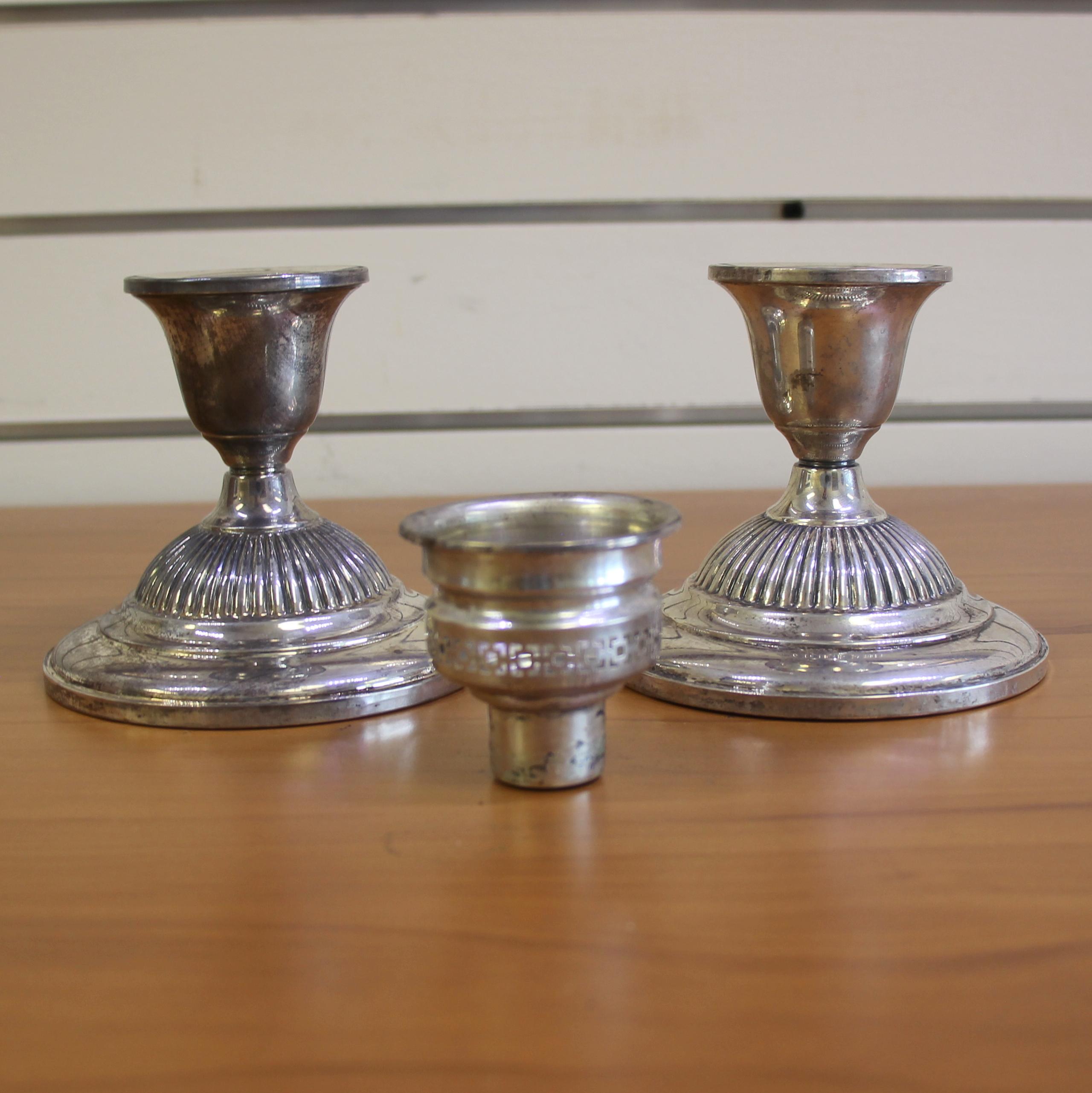 Fisher Silversmiths Hurricane Lamp Candlestick Holders Set Of 2 In .925 Sterling Silver.