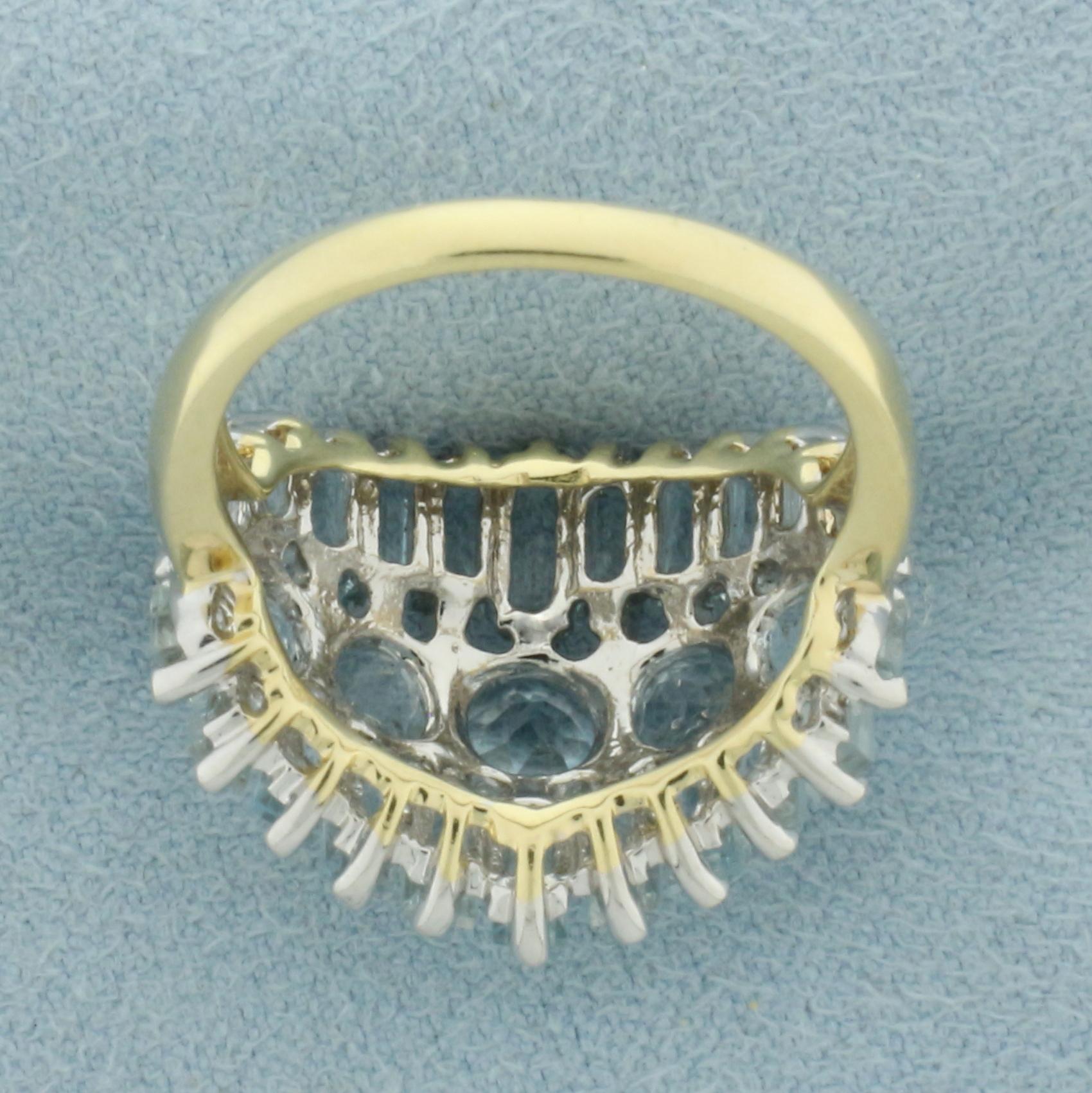 Aquamarine 3 Row Statement Ring In 14k Yellow Gold