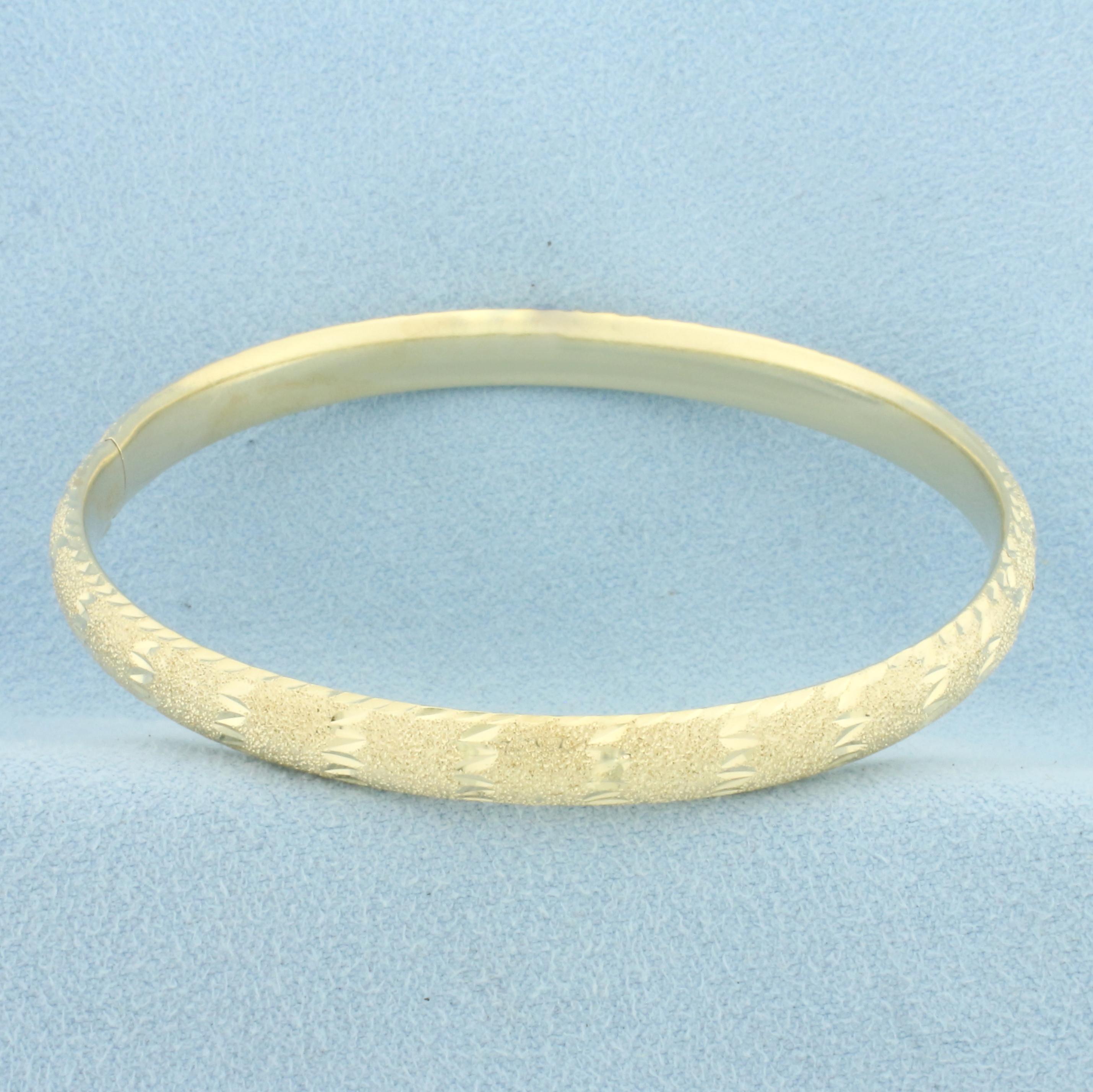 Sandblast And Diamond Cut Finish Hinged Bangle Bracelet In 14k Yellow Gold