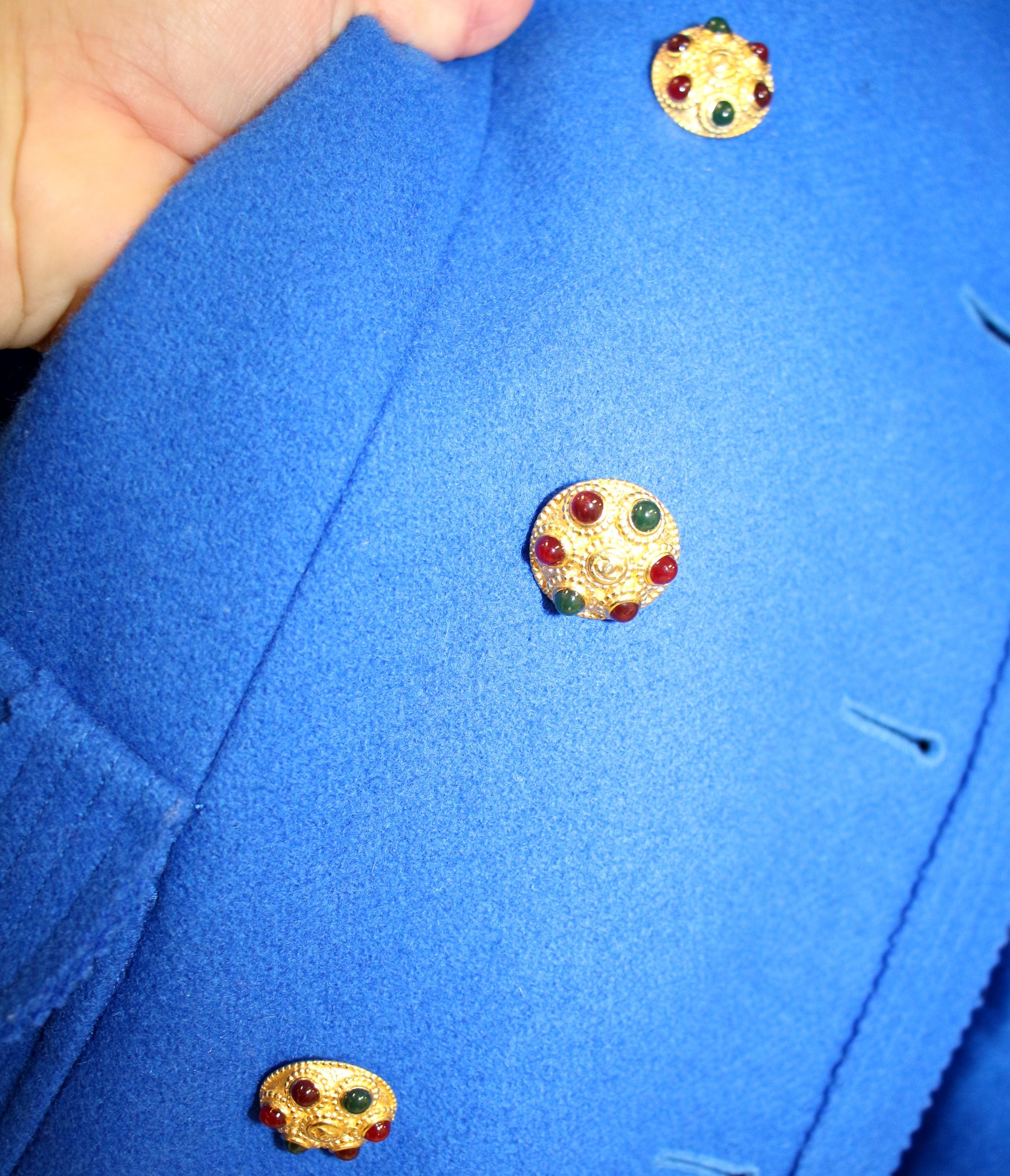 Chanel Cobalt Blue Gripoix Button Wool Melton 96a Outerwear Coat