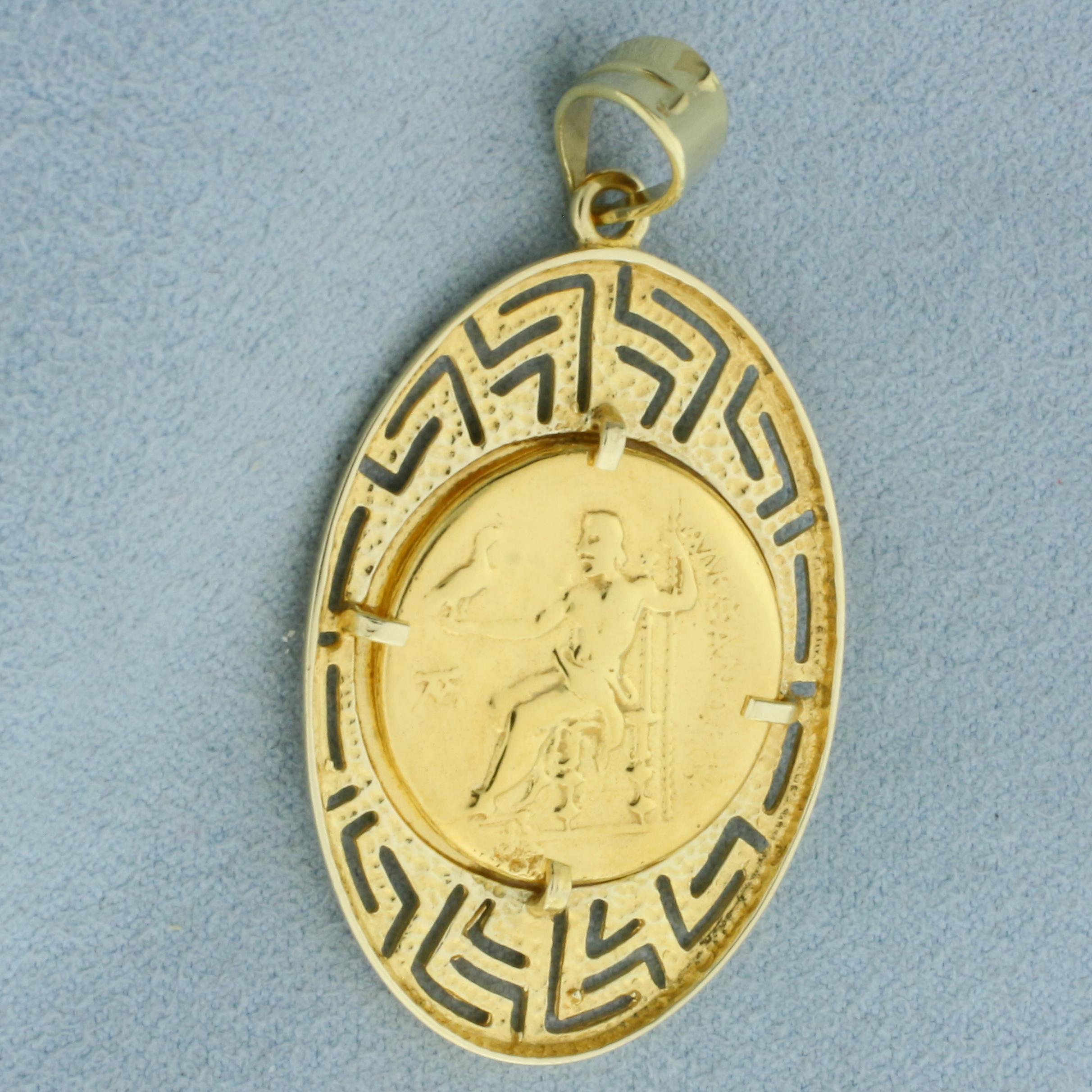 Alexander The Great Greek Key Coin Pendant In 14k Yellow Gold
