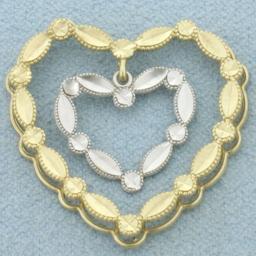Diamond Cut Heart In Heart Pendant In 10k Yellow And White Gold