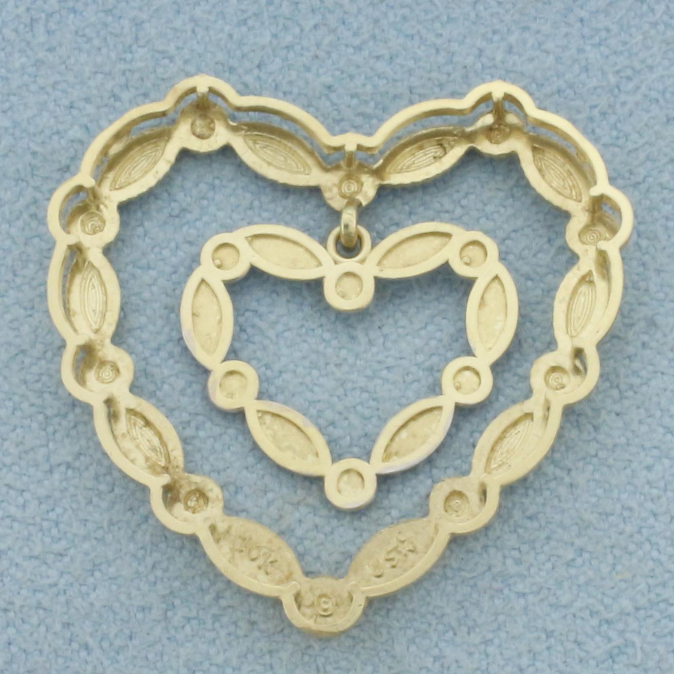 Diamond Cut Heart In Heart Pendant In 10k Yellow And White Gold