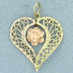 Heart And Rose Charm In 14k Yellow And Rose Gold
