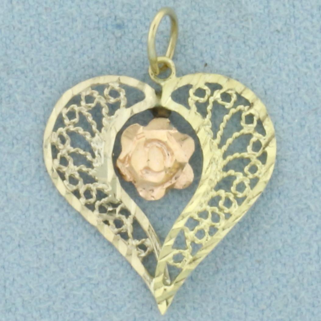 Heart And Rose Charm In 14k Yellow And Rose Gold