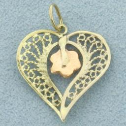 Heart And Rose Charm In 14k Yellow And Rose Gold