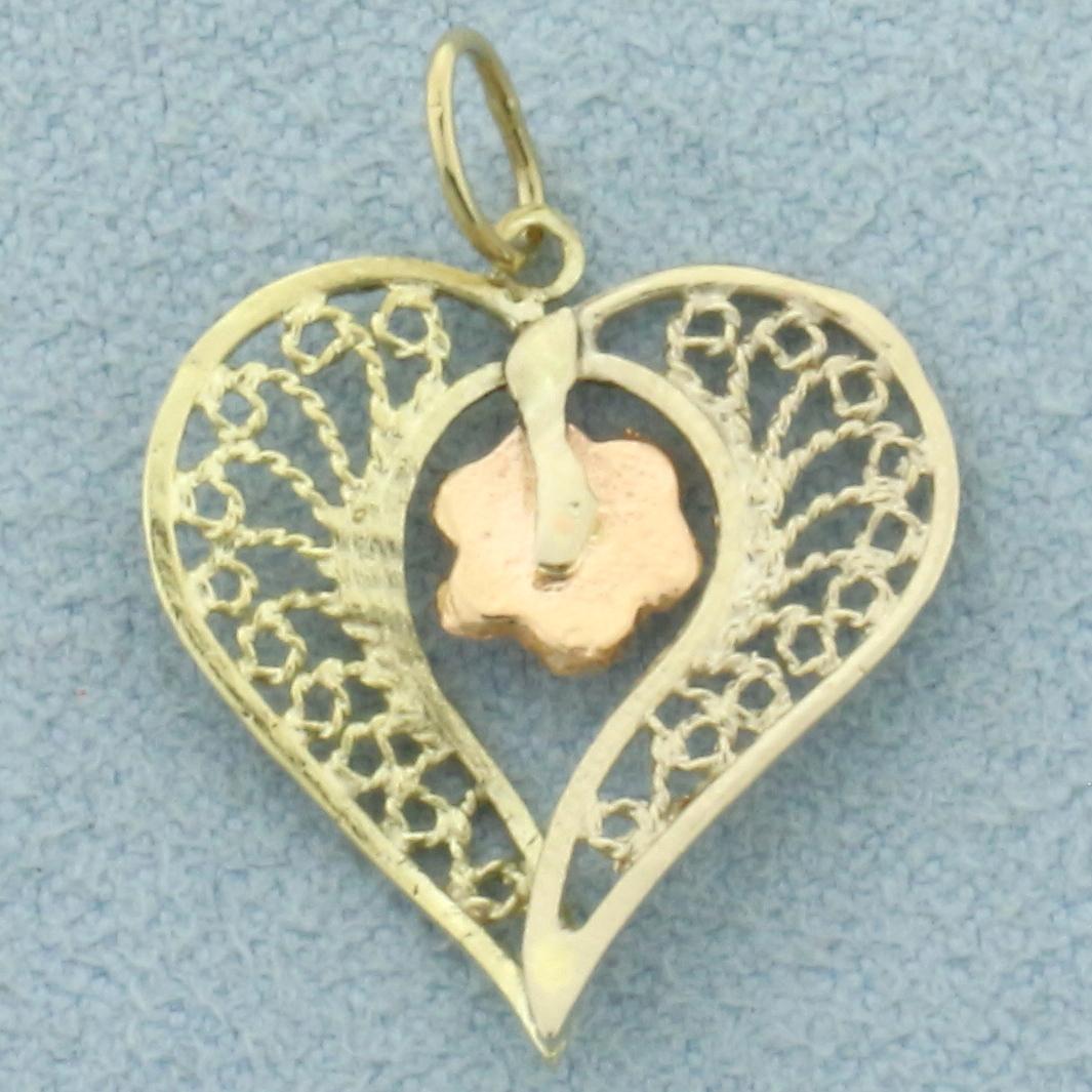 Heart And Rose Charm In 14k Yellow And Rose Gold