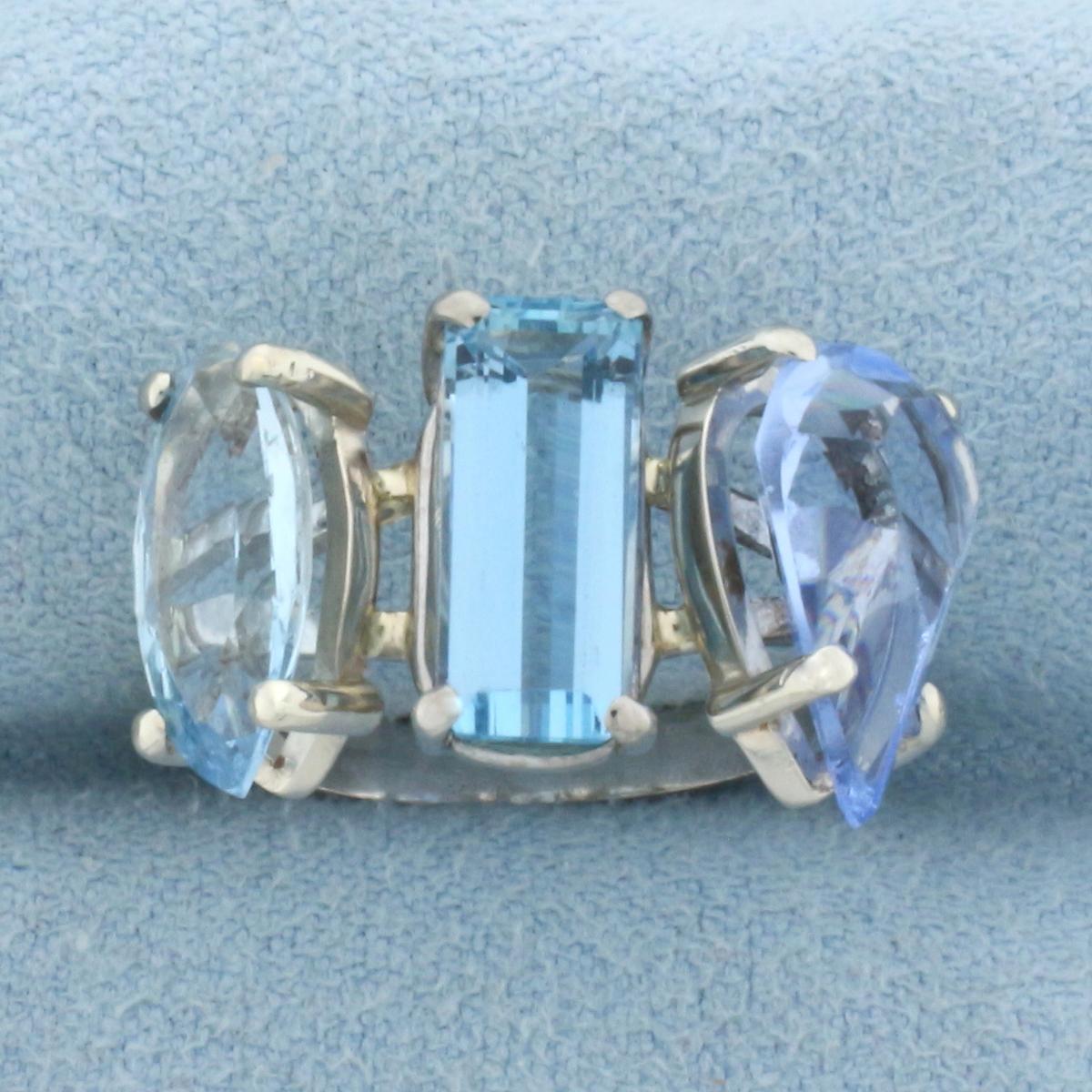 Aquamarine Three Stone Ring In 18k White Gold