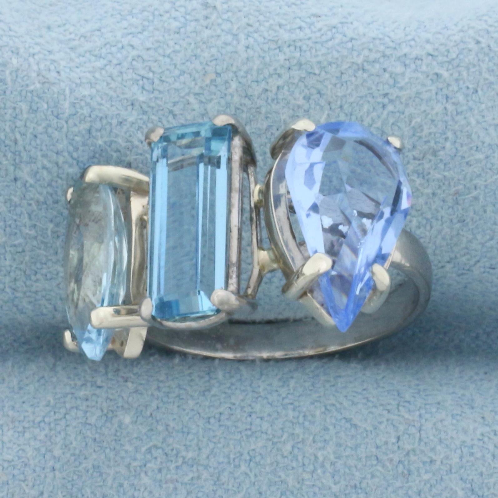 Aquamarine Three Stone Ring In 18k White Gold
