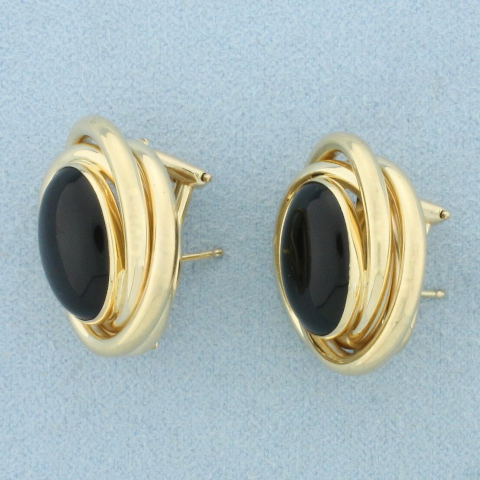 Vintage Onyx Button Earrings In 14k Yellow Gold