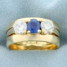 Vintage Three Stone Sapphire And Diamond Wedding Or Anniversary Ring In 14k Yellow Gold