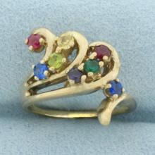 Multi-gemstone Wave Ring In 14k Yellow Gold