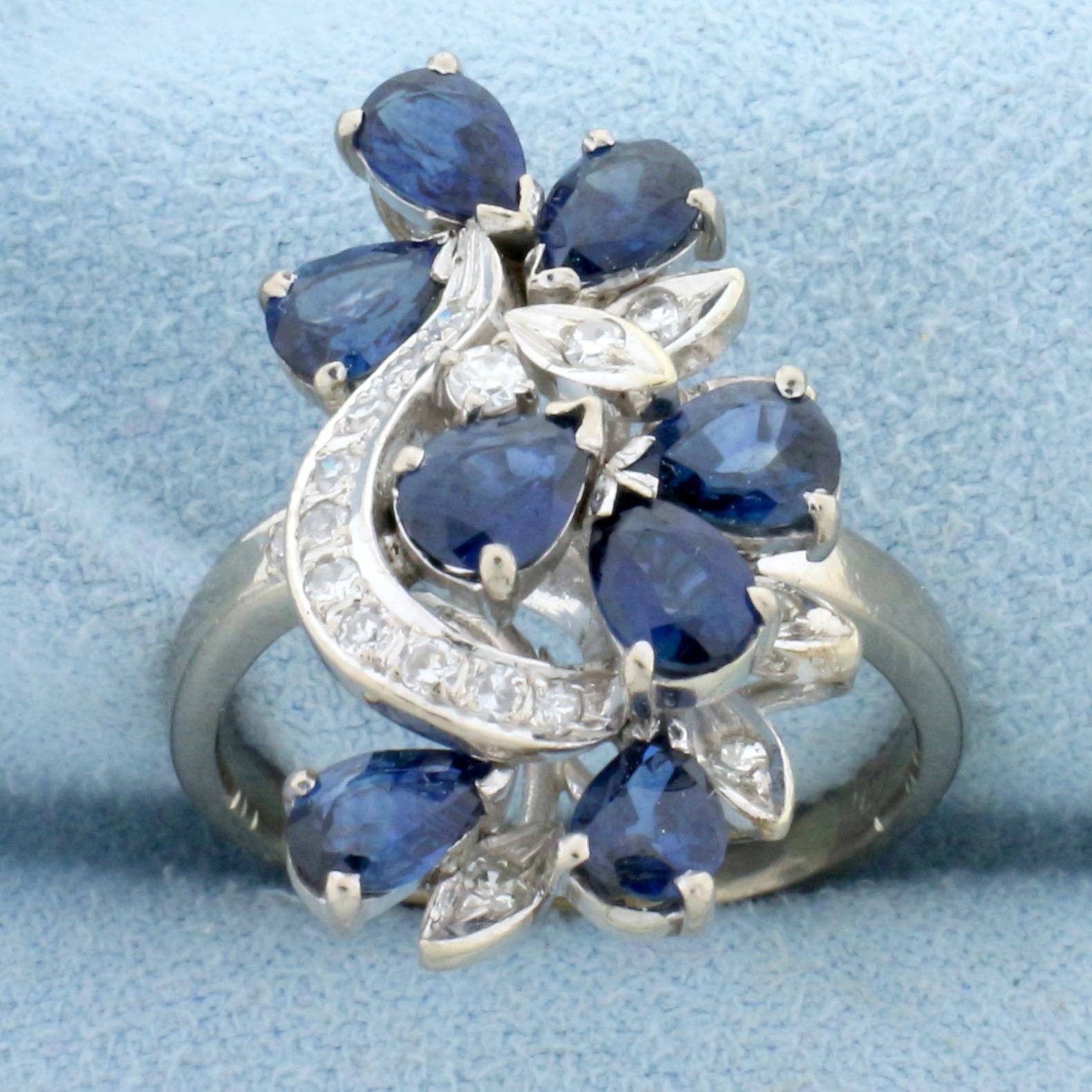Designer Sapphire And Diamond Statement Ring In 14k White Gold