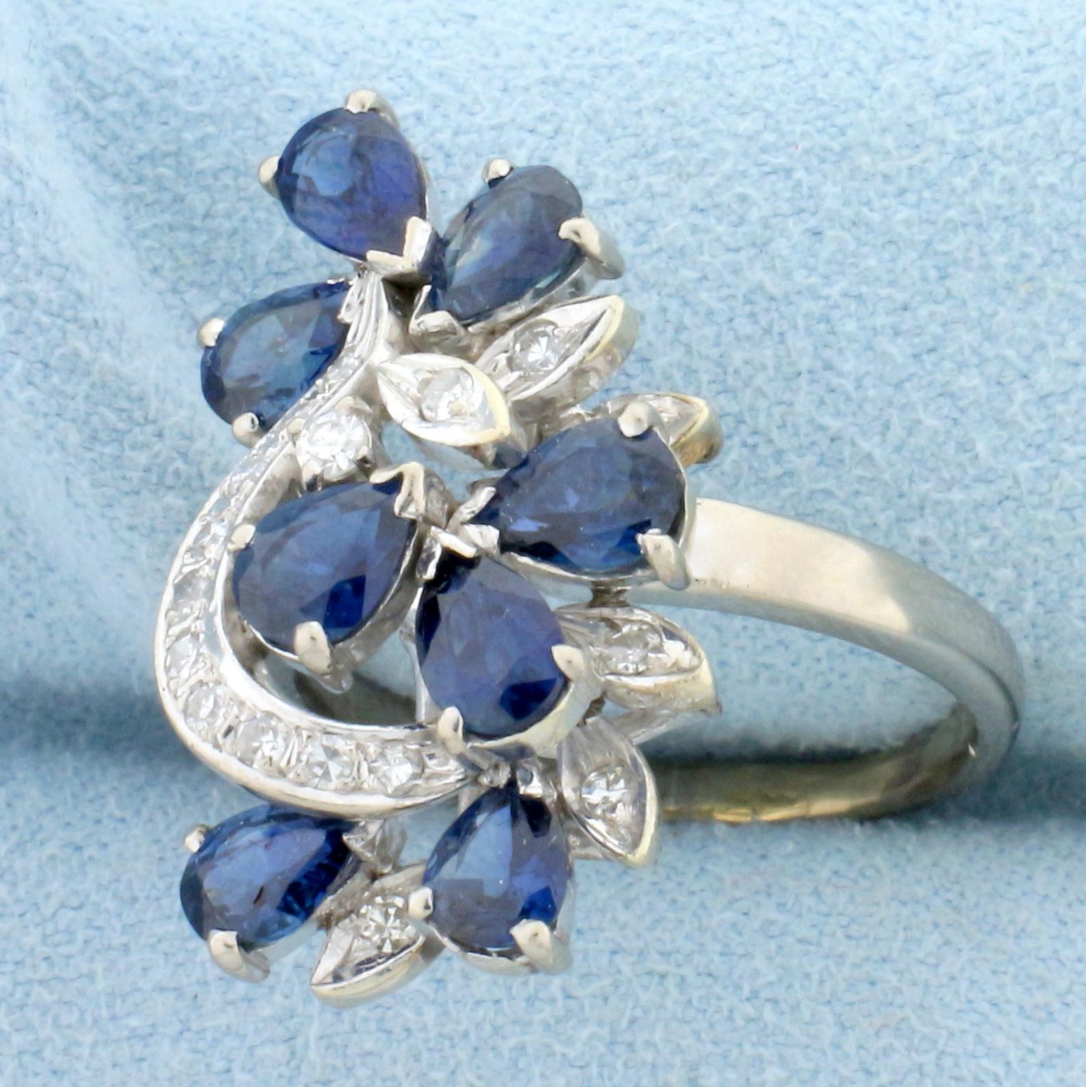 Designer Sapphire And Diamond Statement Ring In 14k White Gold