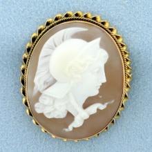 Vintage Hand Carved Shell Spartan Cameo Pin In 14k Yellow Gold