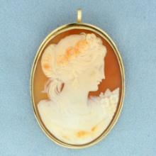 Vintage Large Hand Carved Shell Cameo Pendant Or Pin In 14k Yellow Gold
