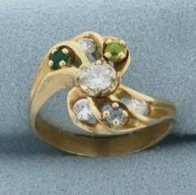 Pinwheel Diamond And Gemstone Ring In 14k Yellow Gold
